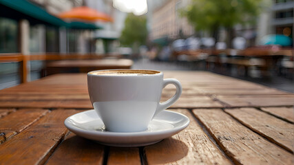 Fototapeta na wymiar Morning coffe. White cup of coffee on table in outdoors cafe with blurred city street background