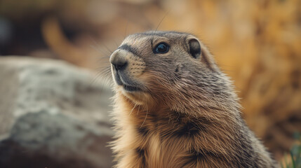 adorable marmot with curious gaze and furry features. Charm of this cute creature in stunning detail, early spring time, snow, sun and first green sprouts