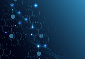  Abstract molecule background with hexagons, wave flow.Science banner․