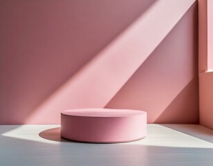 abstract minimal scene round pink podium, a soft pink wall background, plate on red background - obrazy, fototapety, plakaty