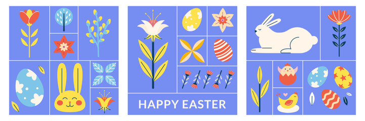 Happy Easter poster set in scandinavian style. Geometric pattern with eggs, flowers, bunny. Greeting holiday card collection. Vector illustration