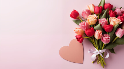 Walentynki - tło na życzenia. Mockup, szablon z bukietem kwiatów, kopertą i listem z wyznaniem uczuć miłości. Kwiaty dla zakochanej kobiety - obrazy, fototapety, plakaty
