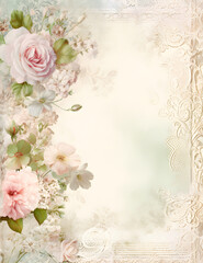 Fototapeta na wymiar Vintage Wedding Scrapbook Paper Journal, Lace, Florals, flowers, empty space, green, pink, ivory, white, border