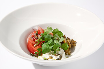 Artful salad with tomatoes, stracciatella cheese, and eggplants garnished with cilantro on a modern white bowl
