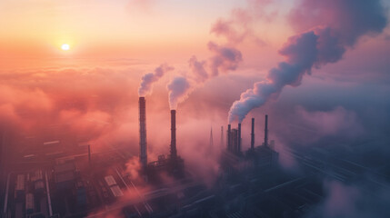 aerial view of a heavy industry plant at sunrise - obrazy, fototapety, plakaty