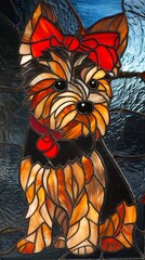 Stained glass window background with colorful yorkshire terrier abstract.