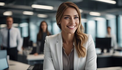 Obraz premium Female leader, manager or CEO with a smile, mission and vision in the office and her team in the background