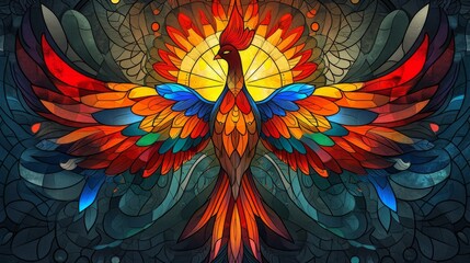 Stained glass window background with colorful Phoenix abstract.
