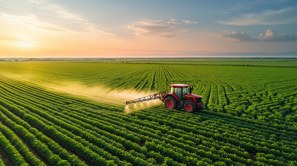 A tractor sprays chemicals to control pests and weeds in crops, ensuring healthier and more abundant harvests