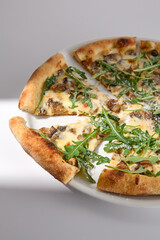 Savory Italian pizza with cheese and mushrooms, highlighted with fresh arugula, cast in soft shadow on a white plate