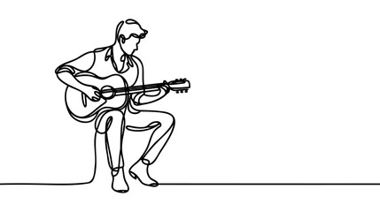Man stands playing guitar - one line art vector. concept guitarist with classical guitar, learning to play guitar