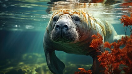 Manatee Grazing in Seagrass A Serene Underwater Scene Capturing Marine Life and Eco-friendly Aspects on World Seagrass Day, Sea Cow in its Aquatic, Manatee and Seagrass Showcasing Biodiversity