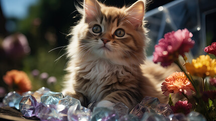 Fluffy kitten among bright flowers on the street. Cute kitten on a background of flowers and crystals.