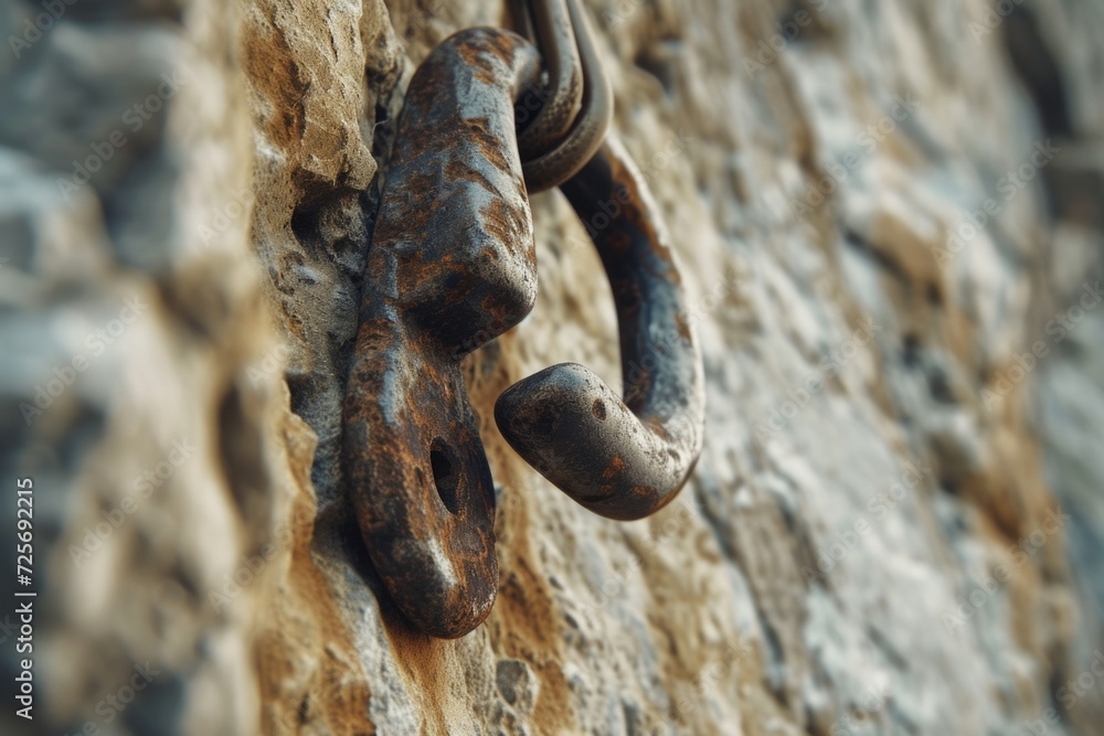 Poster a close up of a metal hook on a stone wall. suitable for various applications