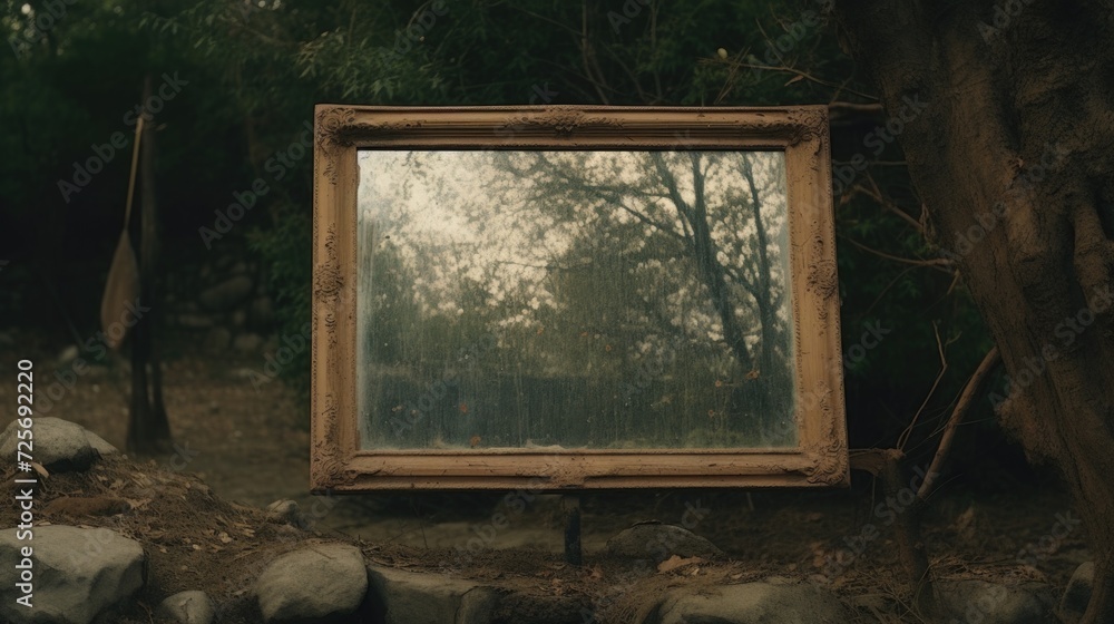 Poster a mirror sitting in the middle of a forest. can be used for nature-themed designs or concepts