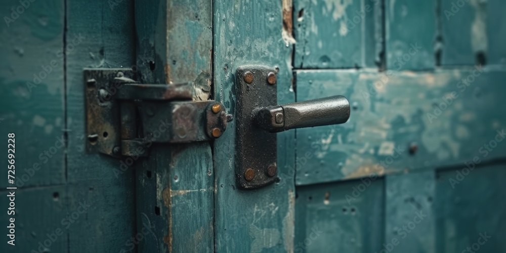 Poster a close-up view of a door handle on a wooden door. this image can be used to showcase the craftsmans