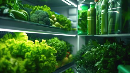 A refrigerator filled with an abundance of fresh green vegetables. This image can be used to showcase healthy eating, a well-stocked kitchen, or a vegetarian lifestyle