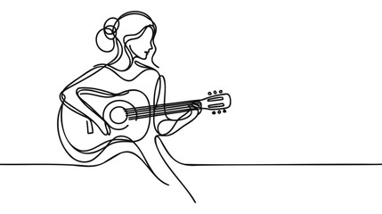 Woman stands playing guitar - one line art vector. Concept guitarist with classical guitar, learning to play guitar