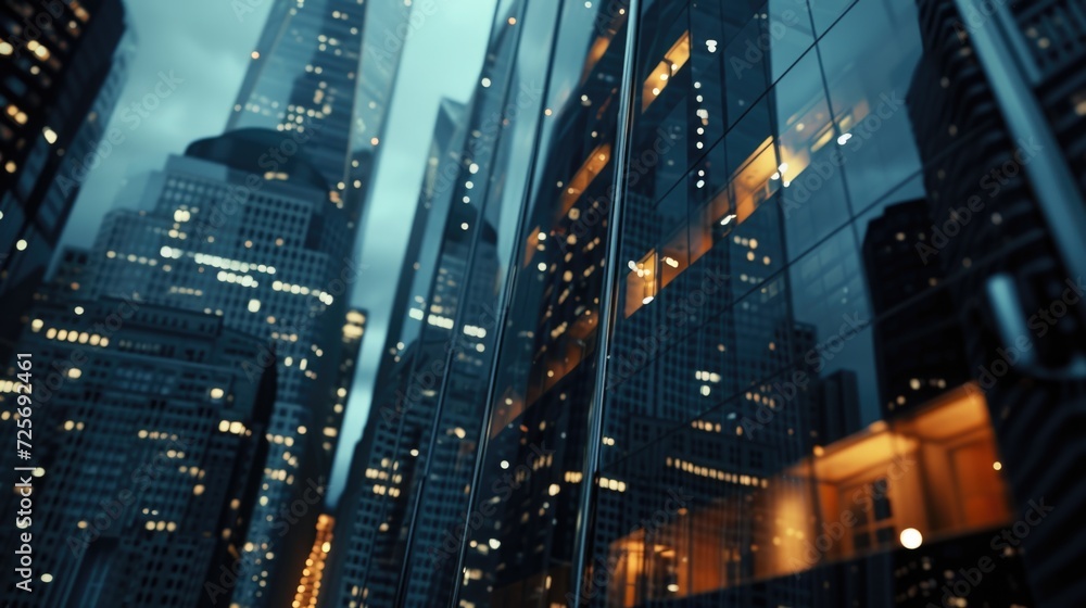 Aufkleber a captivating image of a city at night with tall skyscrapers reflected in the windows. perfect for u