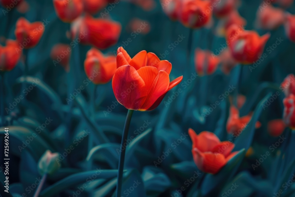 Poster A vibrant field of red tulips with a single flower standing out. This image can be used to represent beauty, nature, spring, gardens, or love