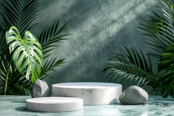 Fototapeta na wymiar 3d marble podium for product. Mockup for cosmetic presentation. Stage with stone display and palm leaves. Green background.