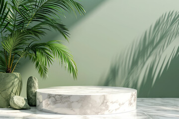 Fototapeta na wymiar 3d marble podium for product. Mockup for cosmetic presentation. Stage with stone display and palm leaves. Green background.