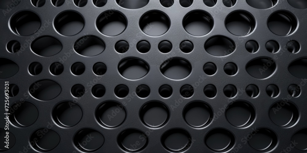 Poster a detailed view of a metal surface with small holes. this image can be used to depict textures, indu