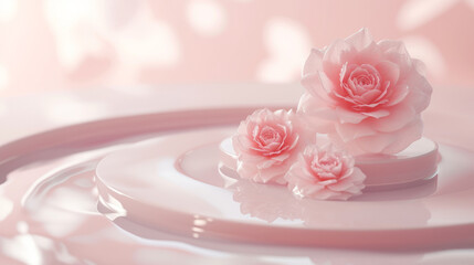 Pink rose with cream. Pink podium with flowers. Pink backround, space for text.