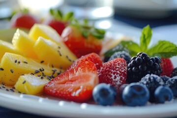 A variety of fresh fruits arranged on a white plate. Perfect for healthy eating concepts and food-related designs