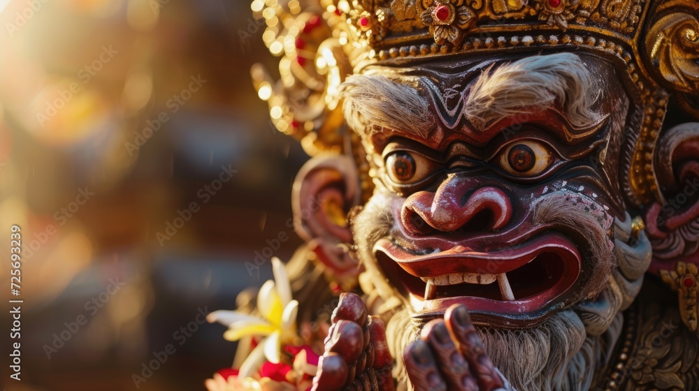 Poster a detailed close-up shot of a menacing demon statue. perfect for horror-themed projects or to add a 