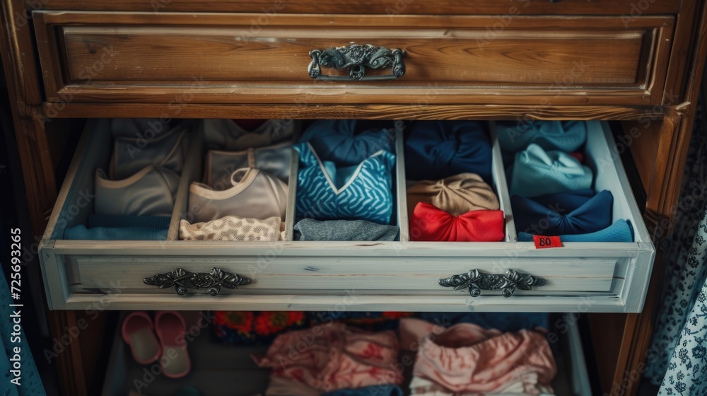 Poster a drawer filled with various clothes and underwear. perfect for showcasing a collection of clothing 