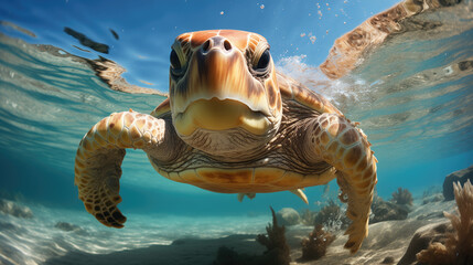 Close-up portrait of a sea turtle swimming in the water