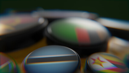 African Flags on golden wireframe globe 3d modeled scene