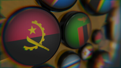 African Flags on golden wireframe globe 3d modeled scene focused on Angola