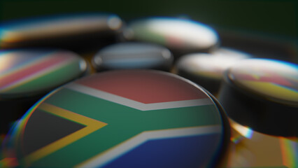 African Flags on golden wireframe globe 3d modeled scene focused on South Africa