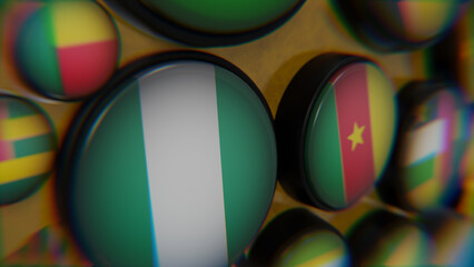 African Flags on golden wireframe globe 3d modeled scene focused on Nigeria
