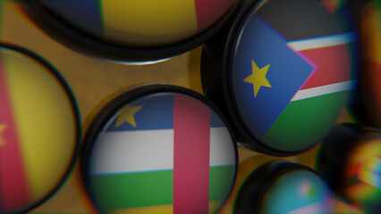 African Flags on golden wireframe globe 3d modeled scene