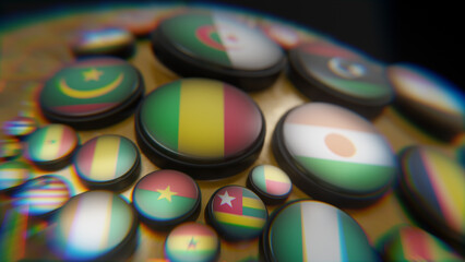 African Flags on golden wireframe globe 3d modeled scene