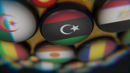 African Flags on golden wireframe globe 3d modeled scene focused on Libya