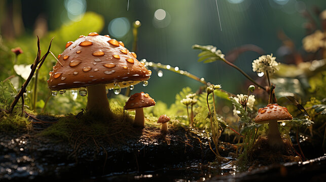 Macro shot of mushrooms in the grass after rain