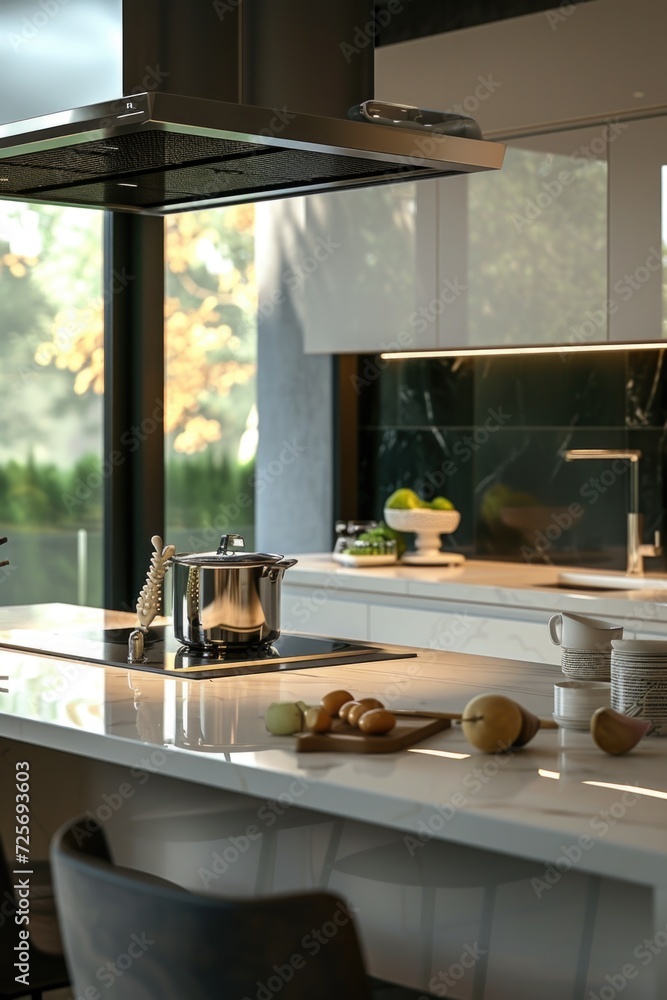 Poster a picture of a kitchen with a stove top oven sitting next to a counter. this image can be used to sh
