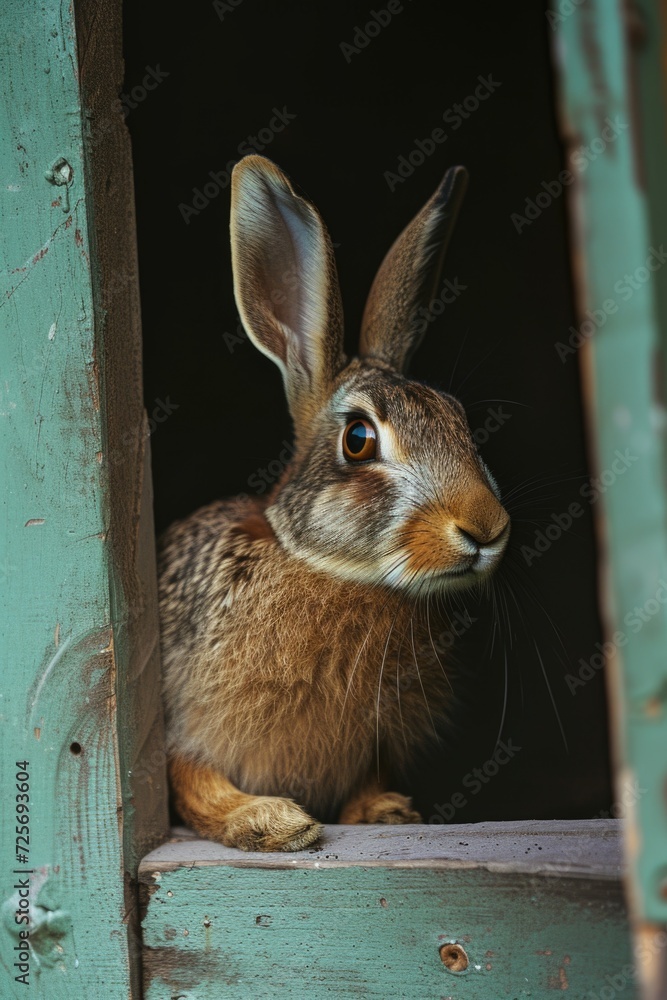 Poster A brown rabbit sitting in a window sill. Perfect for adding a touch of nature to your home decor