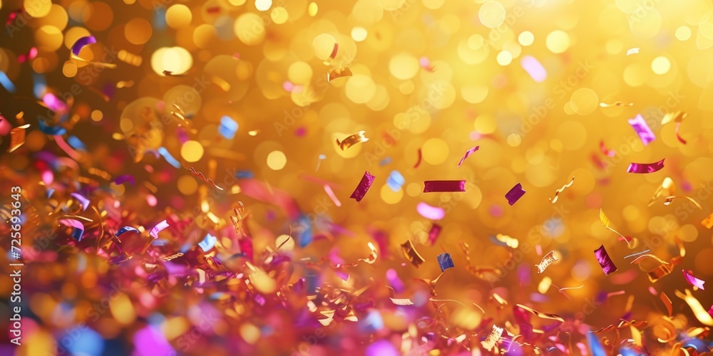 Poster A vibrant image capturing a bunch of confetti falling from the sky, creating a festive atmosphere. Perfect for adding a touch of joy and celebration to any project