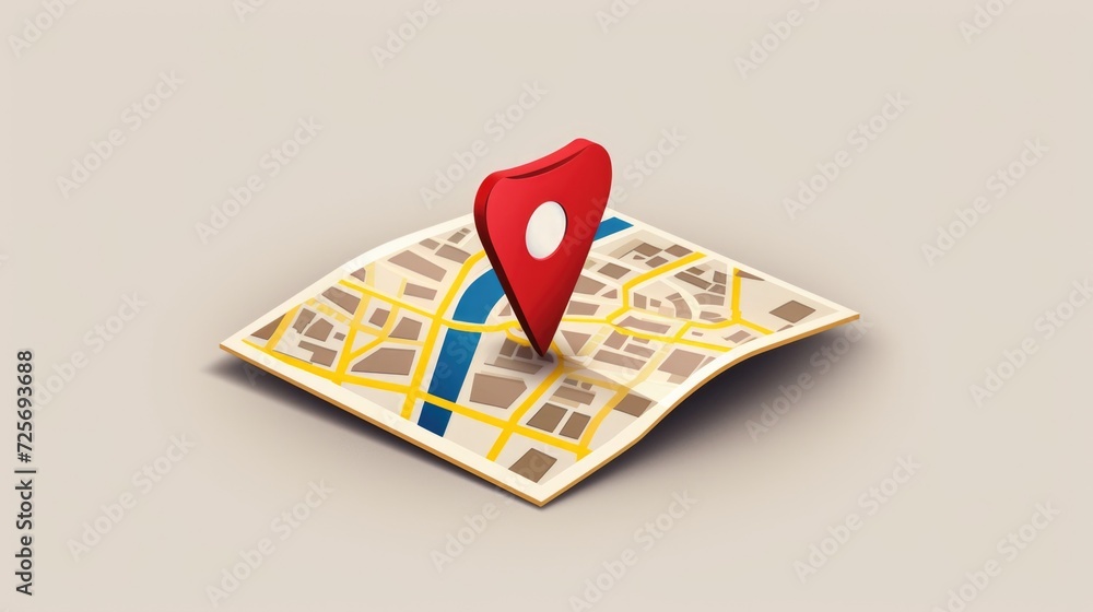 Poster A map with a red pin indicating a specific location. Perfect for illustrating navigation, travel, or finding a destination