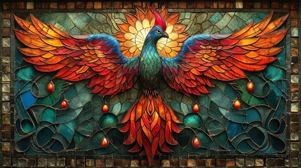 Stained glass window background with colorful Phoenix abstract. - obrazy, fototapety, plakaty