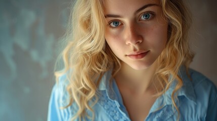 A woman with blonde hair wearing a blue shirt