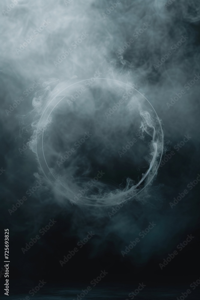 Poster A black and white photo capturing a mesmerizing circle of smoke. Perfect for adding a touch of mystery and intrigue to any project