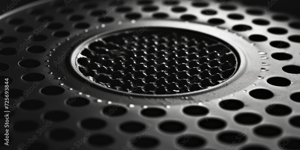 Poster a black and white photo of a metal grill grate. suitable for various design projects and concepts