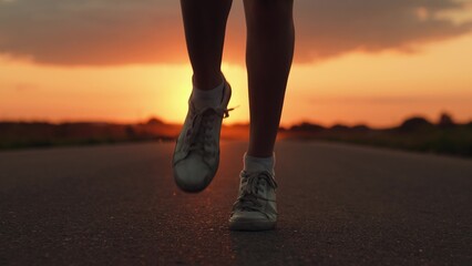 Athletes legs run along asphalt at dawn, closeup. doing fitness, jogging on road in sun. Training jogging. Jogger girl breathes fresh air in nature. Woman runs in summer park, sunset. Jogging outside