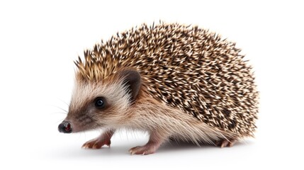 Obraz premium A cute hedgehog standing on a white surface. Perfect for animal lovers and nature-themed designs